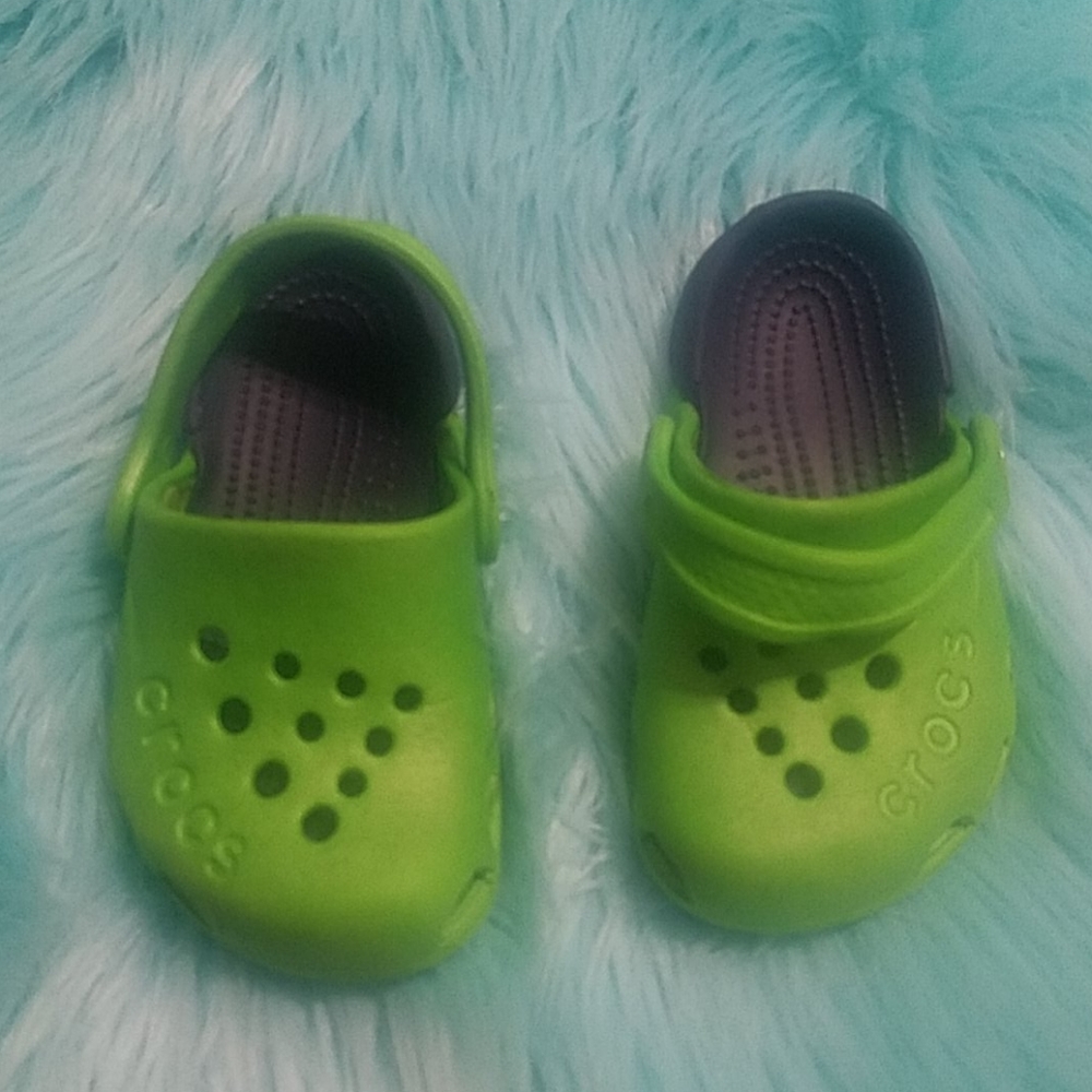 Baby green and navy crocs
